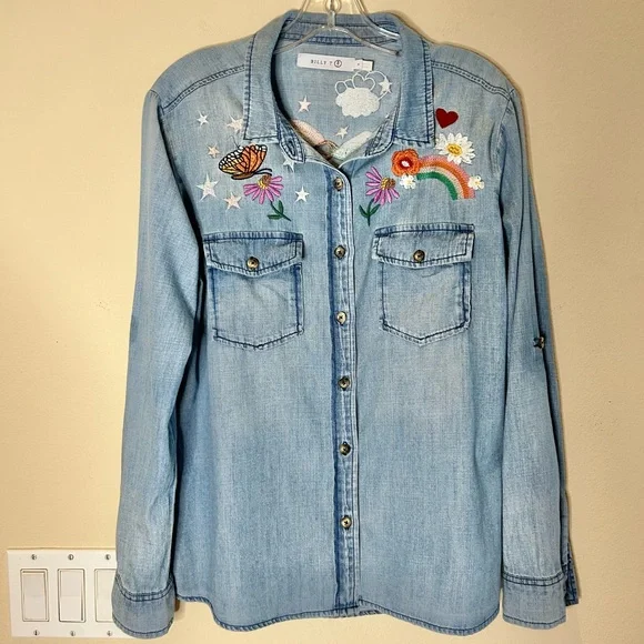 Billy T Happy Place Embroidered Denim Shirt Small Blue Button Down - Picture 2 of 6